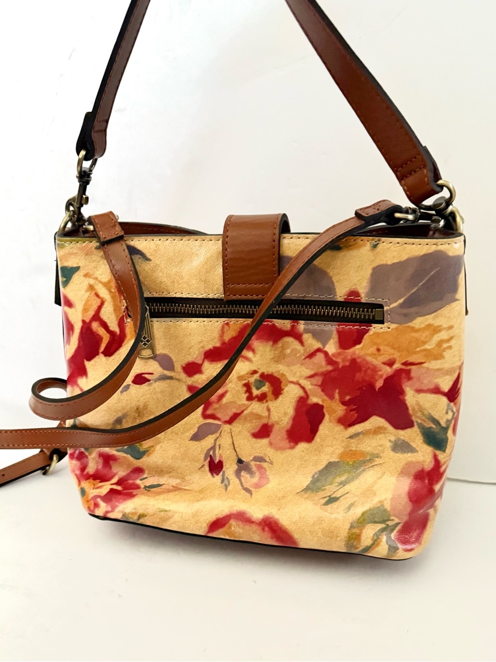 Patricia Nash Irving Crossbody Bucket Bag Leather Rare Rose Print Boho Hippie - Picture 6 of 8